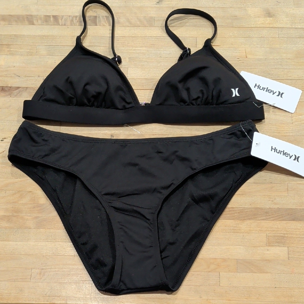 NWT Hurley Black Bikini Triangle Top And Bottoms Size Medium